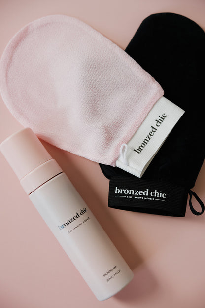 Bronzed Chic Glow Trio: Bronzed Era Self-Mousse + Pink Exfoliating Mitt + Bronzed Chic Application Mitt